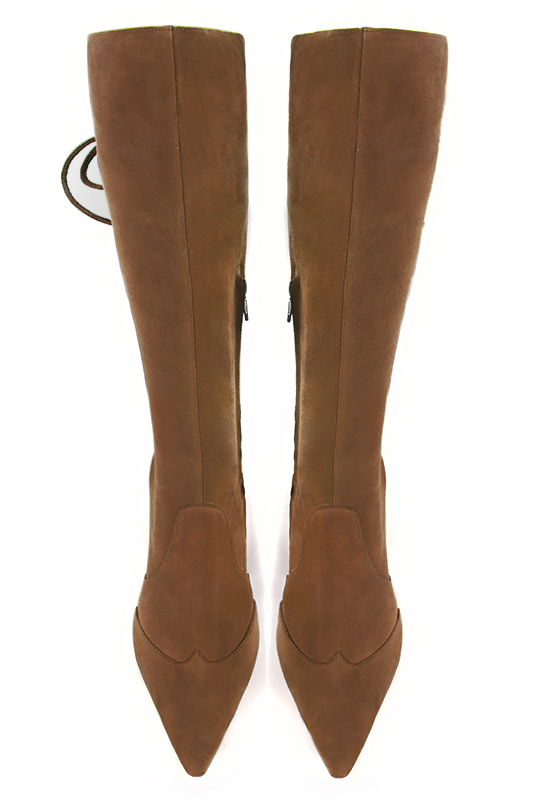 Caramel brown women's knee-high boots, with laces at the back. Tapered toe. Very high block heels. Made to measure. Top view - Florence KOOIJMAN